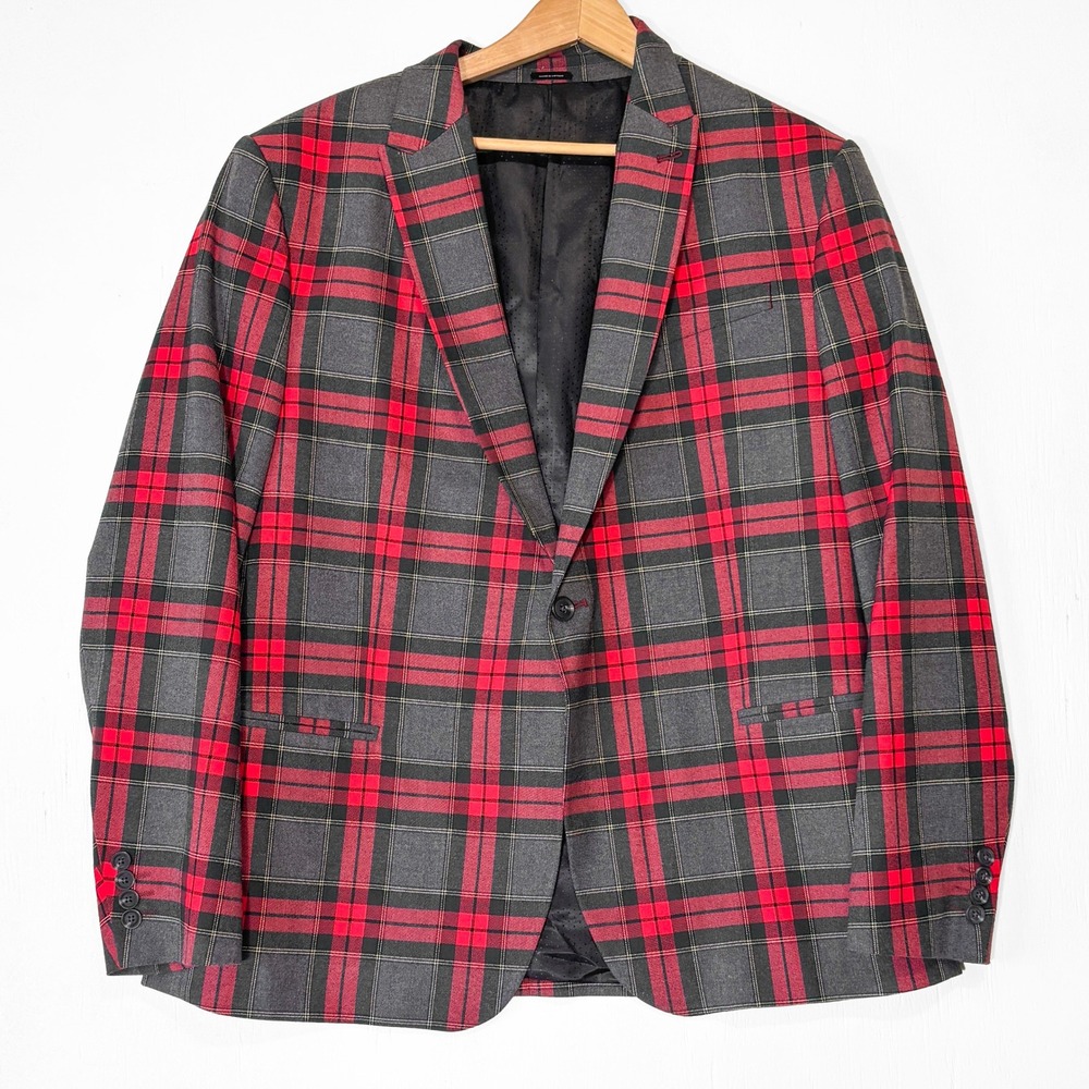 J.Ferrar Slim Fit Plaid Blazer Mens XL 46R Red Grey Tartan Sport Coat